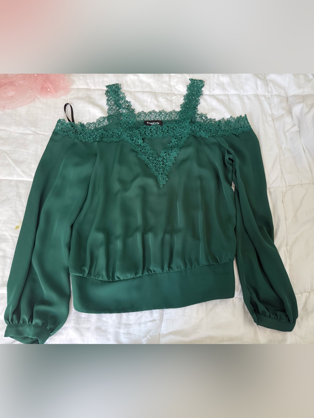 bebe Emerald Green Lace-Trim Satin Off-Shoulder Blouse